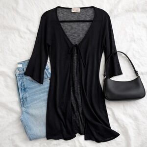 Urban Behavior Black Sheer Tie Front Cardigan Duster 3/4 Sleeve Size Small